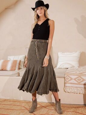 YOUNG THREADS Boho Tiered Midi Skirt - Gravel